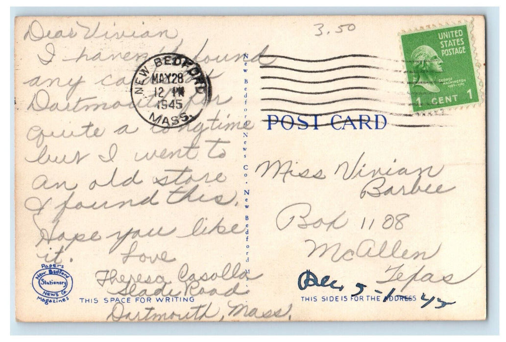 1945 Padanaram Yacht Club, South Dartmouth Massachusetts MA Vintage Postcard