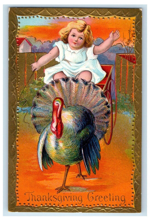 c1910's Thanksgiving Greeting Turkey Pulling Cart Girl Embossed Antique Postcard