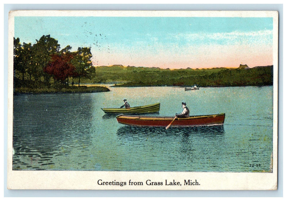 1926 Two Boats, Greetings from Grass Lake Michigan MI Vintage Postcard