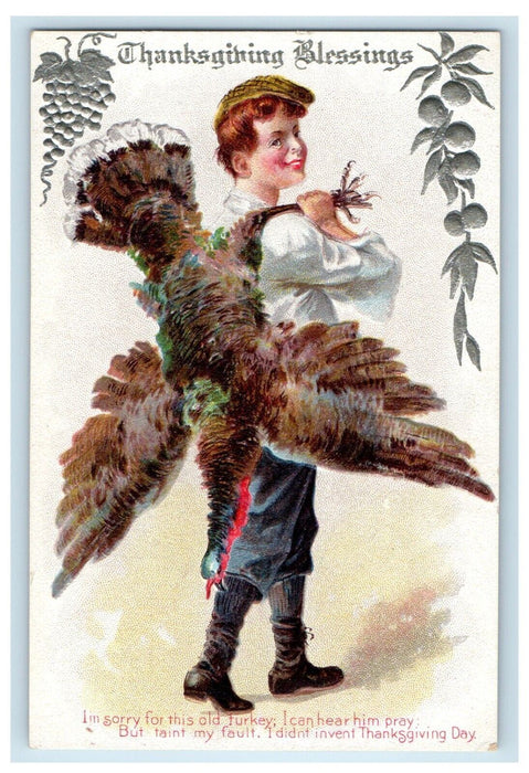 c1910's Thanksgiving Blessings Boy Cached Turley Embossed Antique Postcard