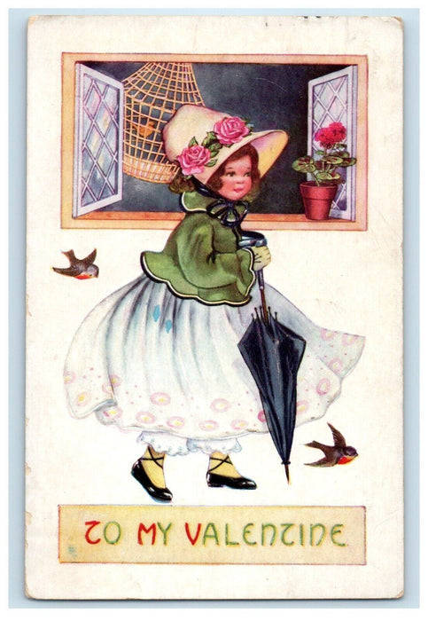 1921 Valentine Girl Dress Flowers Hat Umbrella Birds Cage Harrisburg PA Postcard
