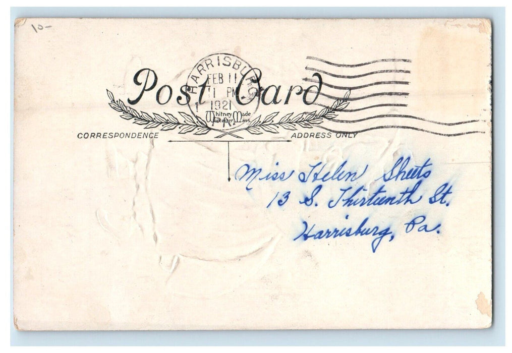 1921 Valentine Girl Dress Flowers Hat Umbrella Birds Cage Harrisburg PA Postcard