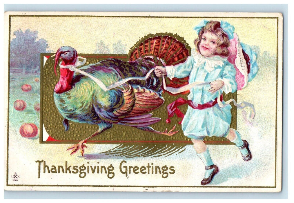 c1910's Thanksgiving Greetings Girl Turkey Pumpkin Posted Antique Postcard