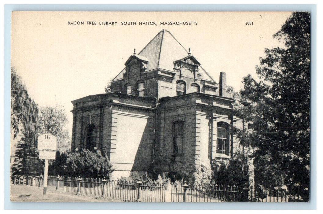c1940s Bacon Free Library, South Natick, Massachusetts MA Posted Postcard