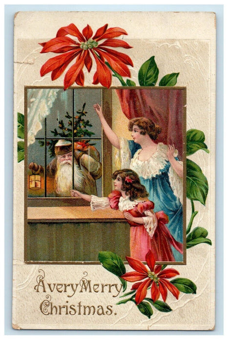 c1910s Christmas Brown Robe Santa Claus Girls Clapsaddle (?) Poinsettia Postcard