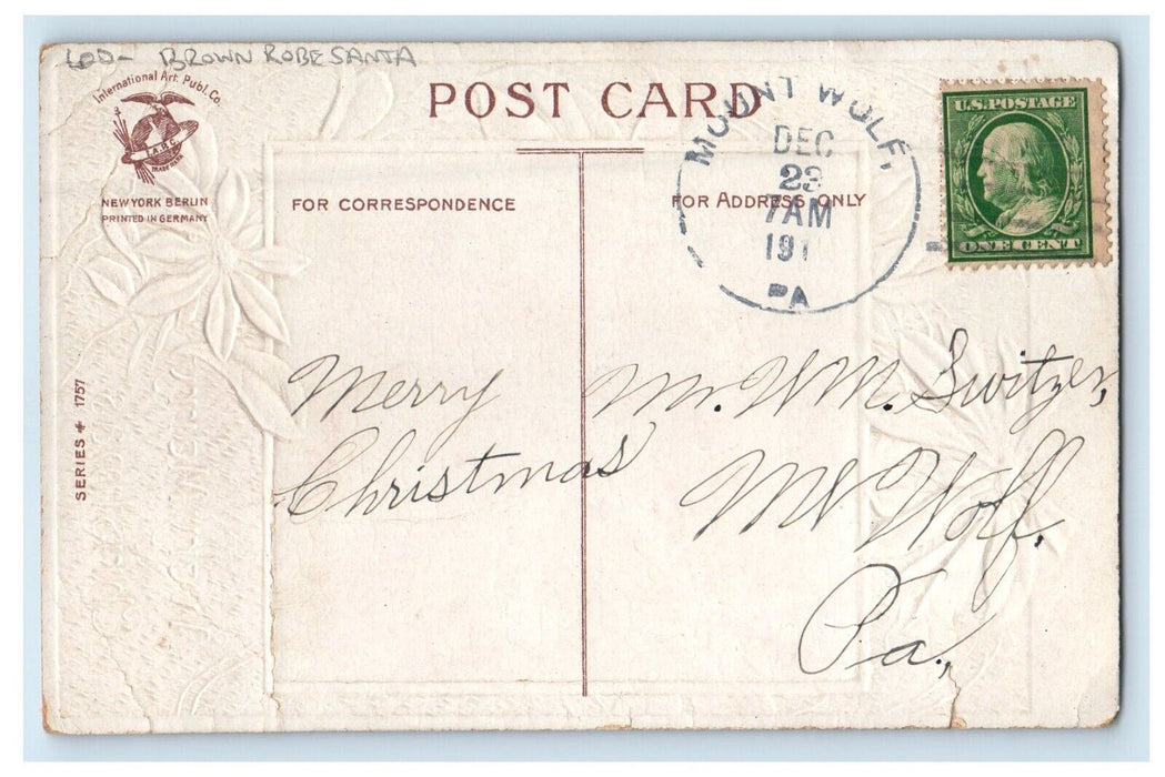c1910s Christmas Brown Robe Santa Claus Girls Clapsaddle (?) Poinsettia Postcard