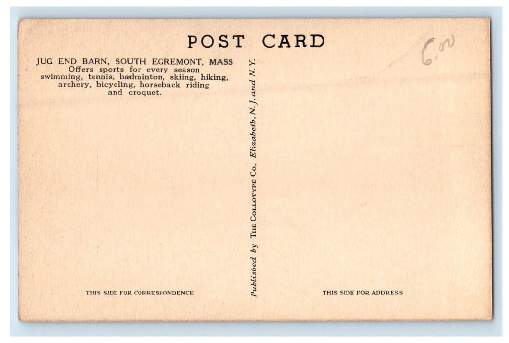 c1940s Jug End Barn, South Egremont, Massachusetts MA Unposted Vintage Postcard