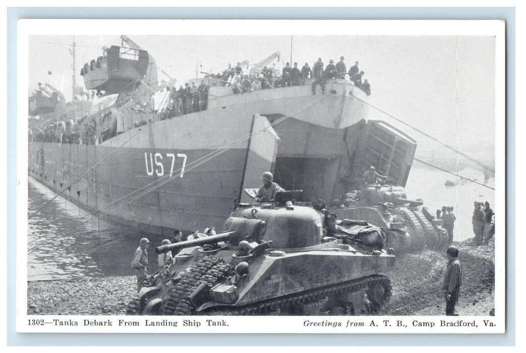 c1940s Tanks Debark from Landing Ship Tank Greetings from ATB Camp VA Postcard