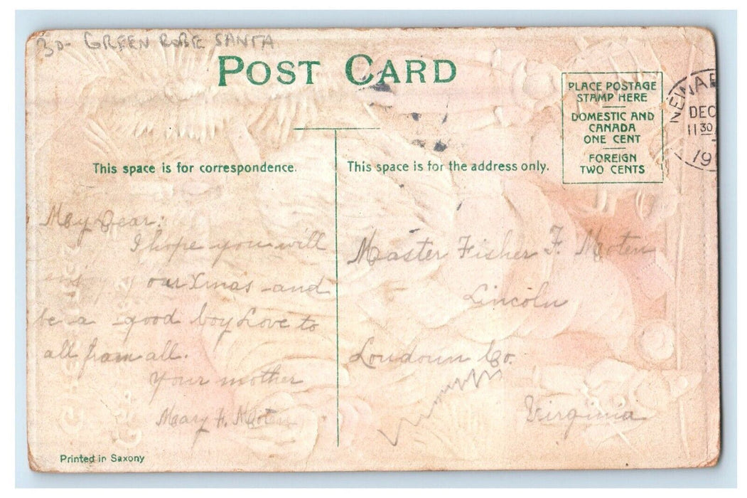 c1910's Christmas Greetings Green Robe Santa Claus Toys Candle Embossed Postcard