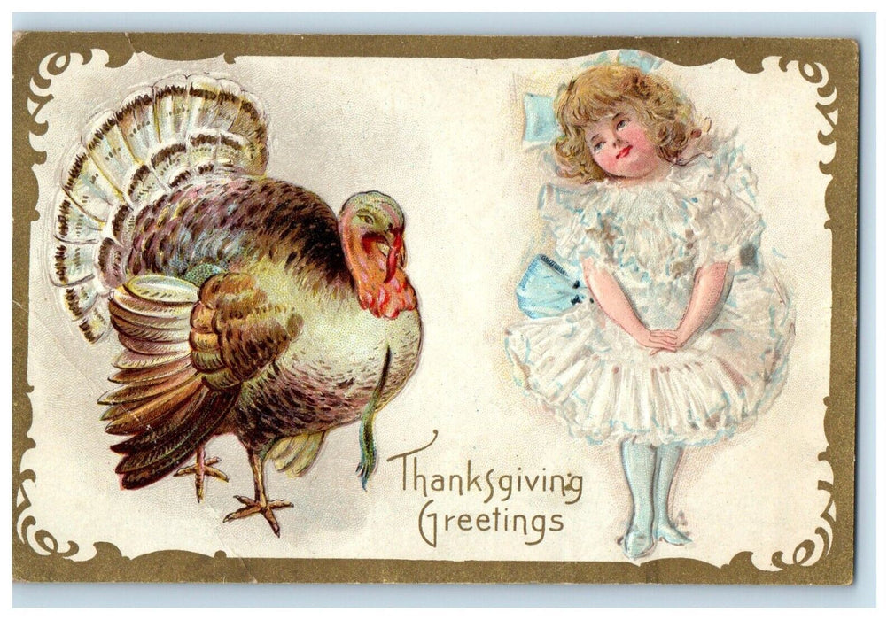c1910's Thanksgiving Greetings Girl Dress And Turkey Posted Antique Postcard