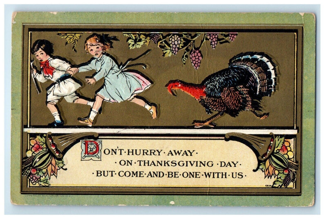 1918 Thanksgiving Day Turkey Chasing Girl And Boy Fleetwood PA Antique Postcard