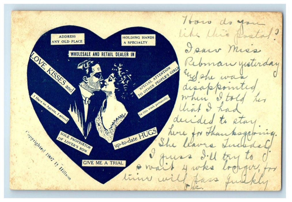 c1910's Valentine Blue Hearts Boy And Girl Kissing Posted Antique Postcard