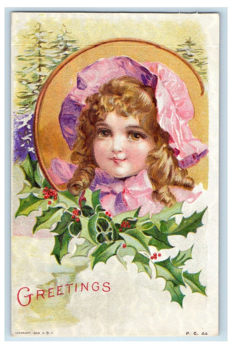 1910 Christmas Greetings Beautiful Girl Curly Hair Pink Hat Holly Postcard