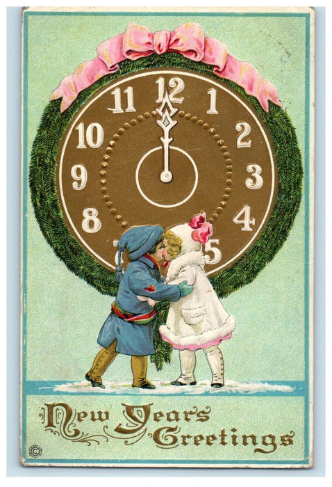 c1910's New Year's Greetings Girl Boy Kissing Clock Pink Ribbon Antique Postcard