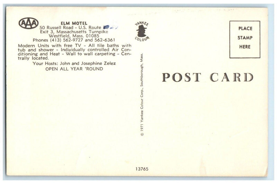 Elm Motel Russell Road U.S. Route 20 Westfield Massachusetts MA Vintage Postcard