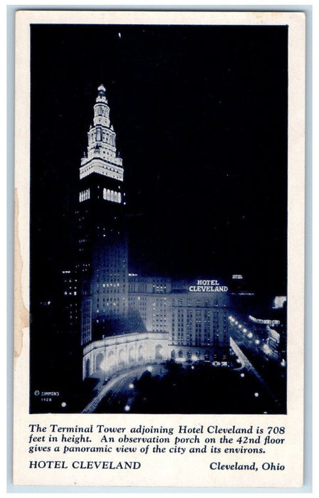 c1960's Terminal Tower at Night Hotel Cleveland Cleveland Ohio OH Postcard