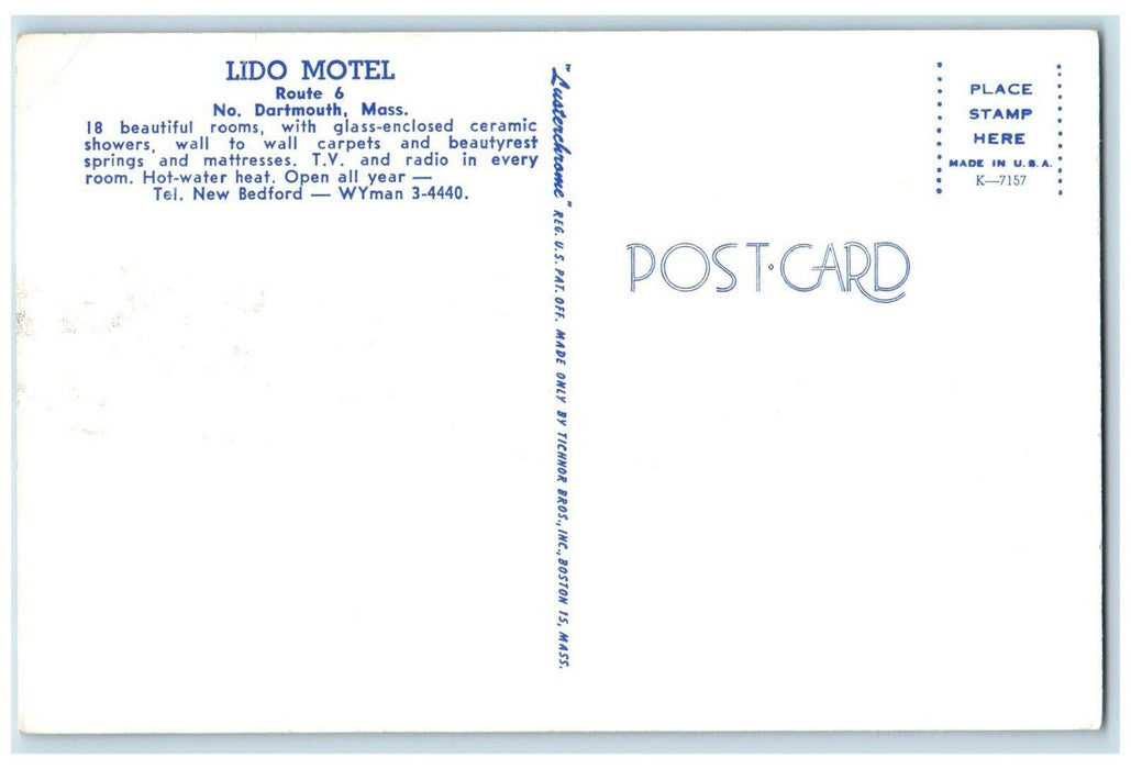 c1960's Lido Motel Roadside Dartmouth Massachusetts MA Unposted Antique Postcard