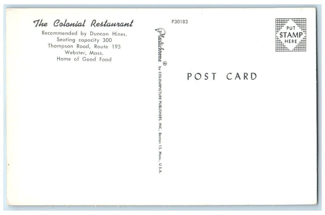 c1950's The Colonial Restaurant Thompson Road Webster Massachusetts MA Postcard