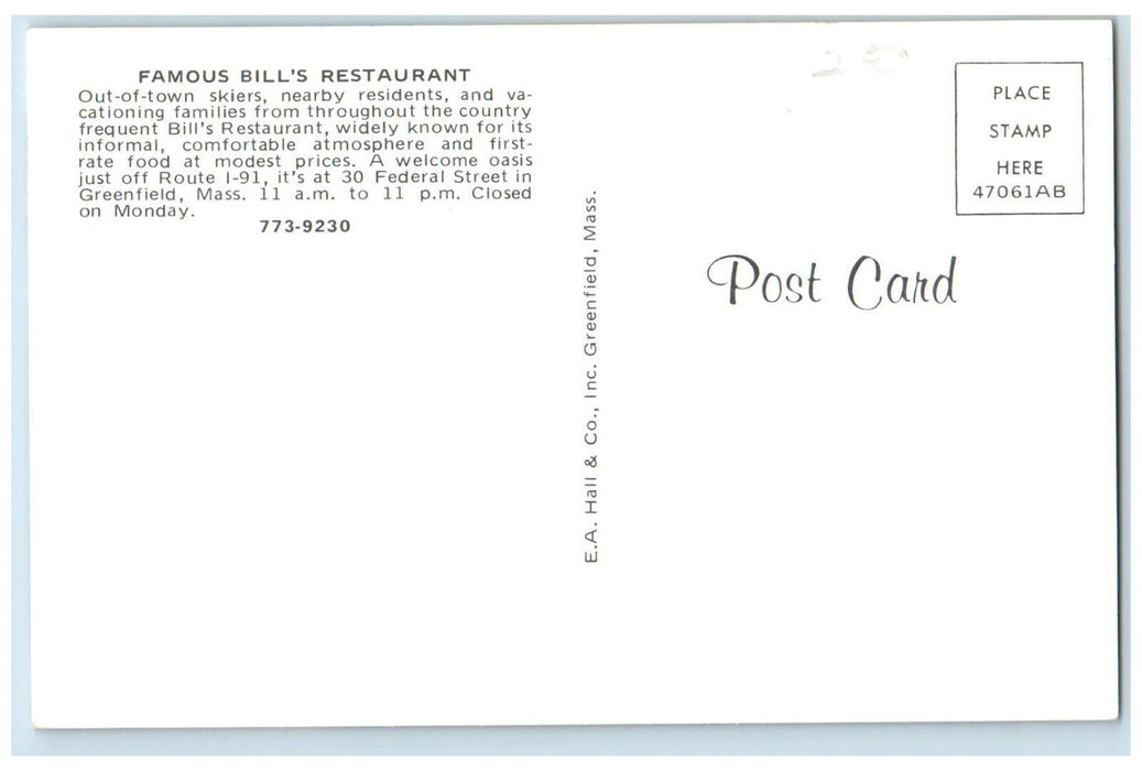c1950's Dining Area at Famous Bill's Restaurant Greenfield MA Vintage Postcard