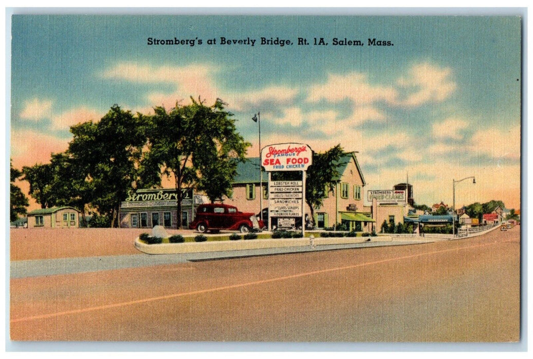 1953 Stromberg's Sea Food At Beverly Bridge Car Salem Massachusetts MA Postcard
