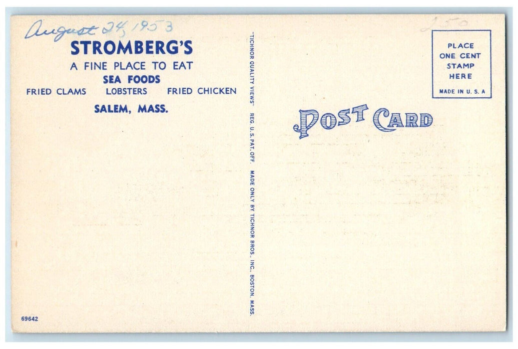 1953 Stromberg's Sea Food At Beverly Bridge Car Salem Massachusetts MA Postcard