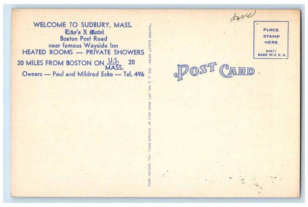 Erke's X Motel Scene Roadside South Sudbury Massachusetts MA Vintage Postcard