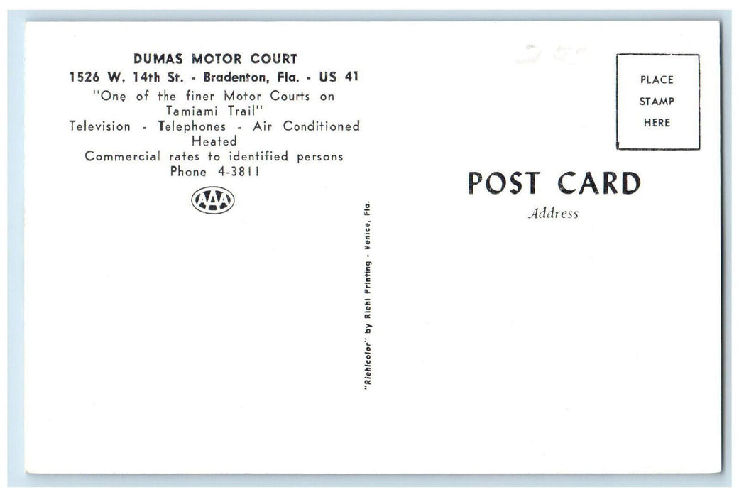 c1950's Dumas Motor Court On Tamiami Trail Bradenton Florida FL Postcard