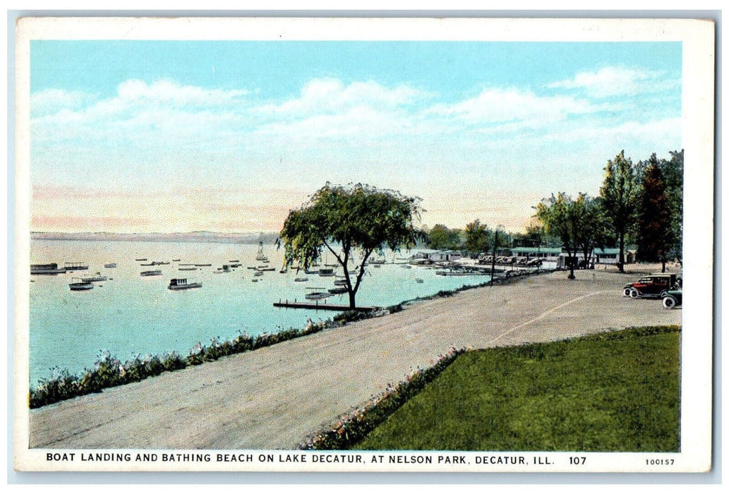 c1920s Boat Landing and Bathing Beach on Lake Decatur Decatur IL Postcard