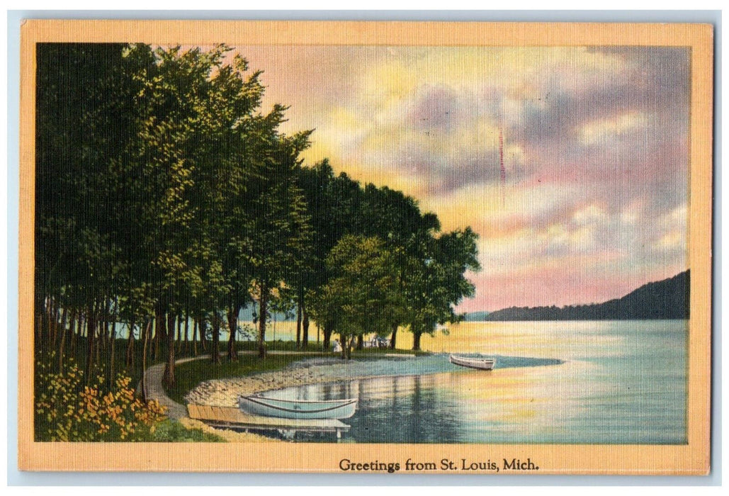 1948 Boat at Landing, Greetings from St. Louis, Michigan MI Postcard
