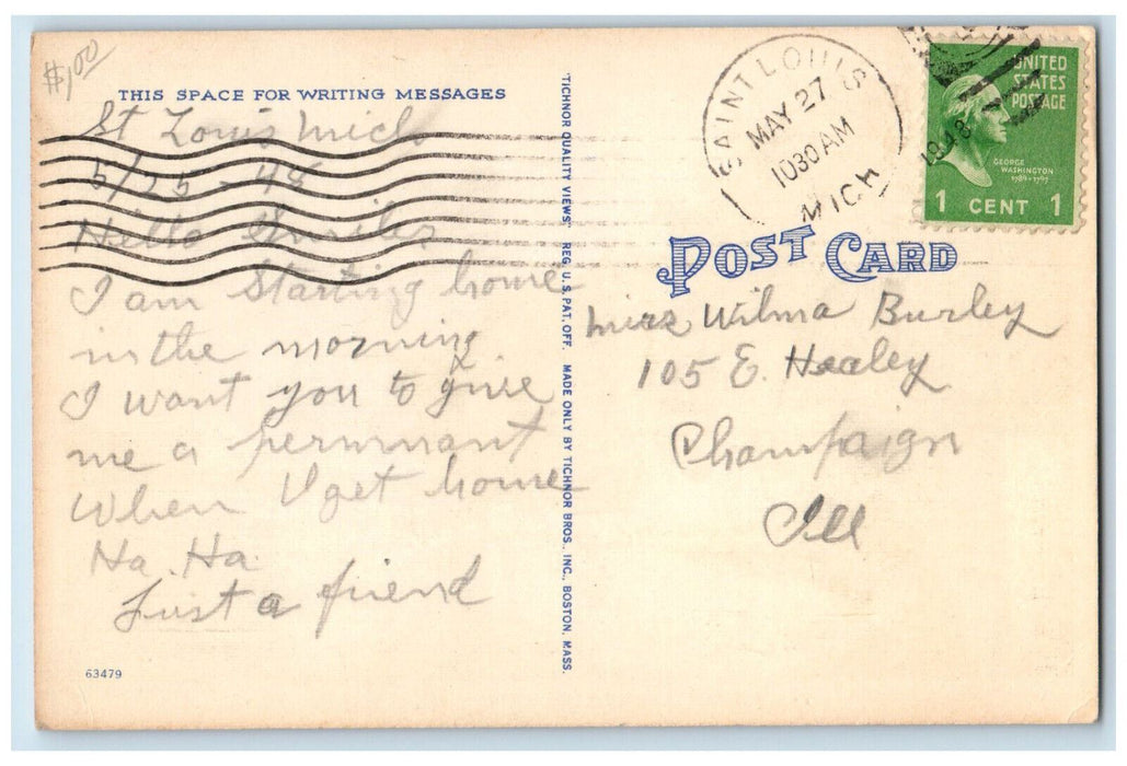 1948 Boat at Landing, Greetings from St. Louis, Michigan MI Postcard