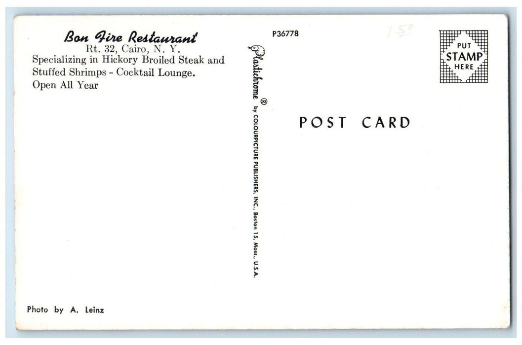 c1950's Bon Fire Restaurant Dining Room Interior Cairo New York NY Postcard