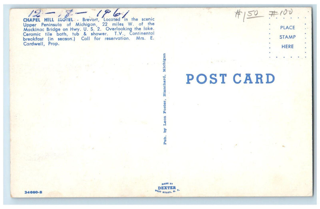 1961 Chapel Hill Motel, Located in the Scenic Upper Peninsula of MI Postcard