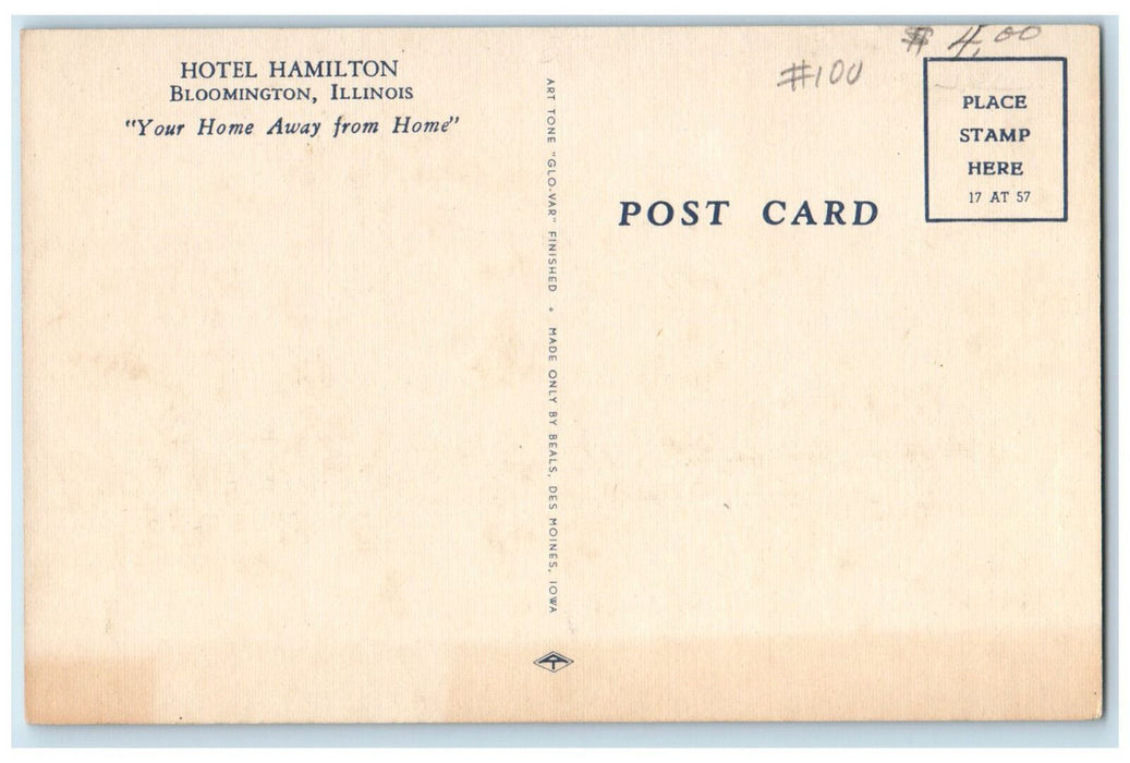 c1930s Hotel Hamilton, Your Home Away from Home Bloomington Illinois IL Postcard