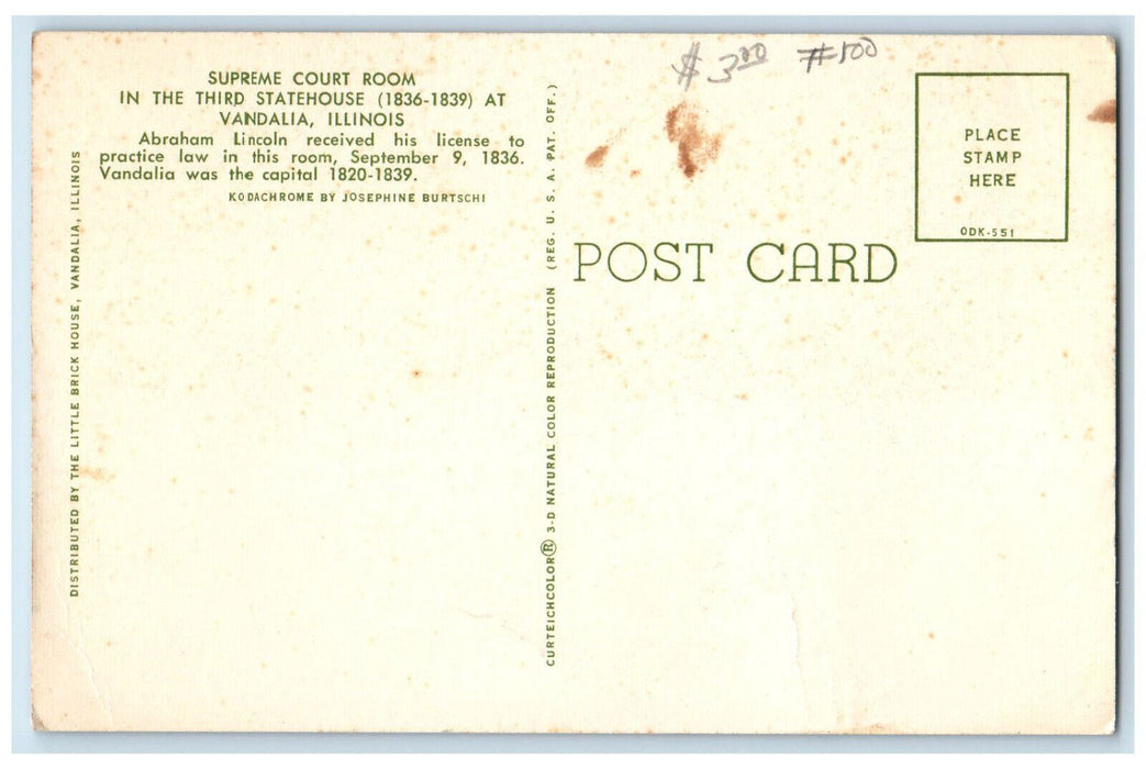 c1960s Supreme Court Room In The Third Statehouse, Vandalia Illinois IL Postcard