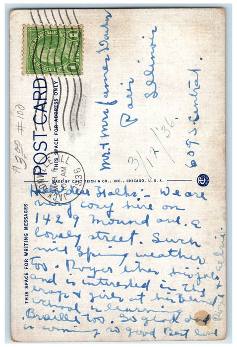 1936 Illinois Women's College Jacksonville Illinois IL Vintage Postcard