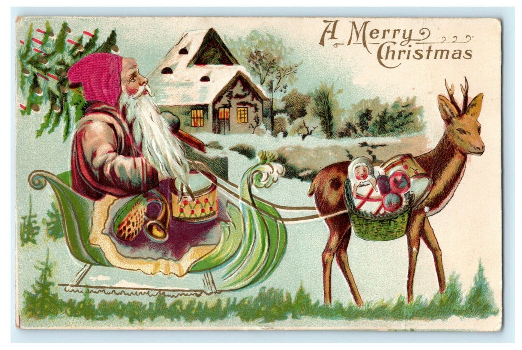 Old World Santa Christmas Sleigh Reindeer Embossed Germany Antique Postcard