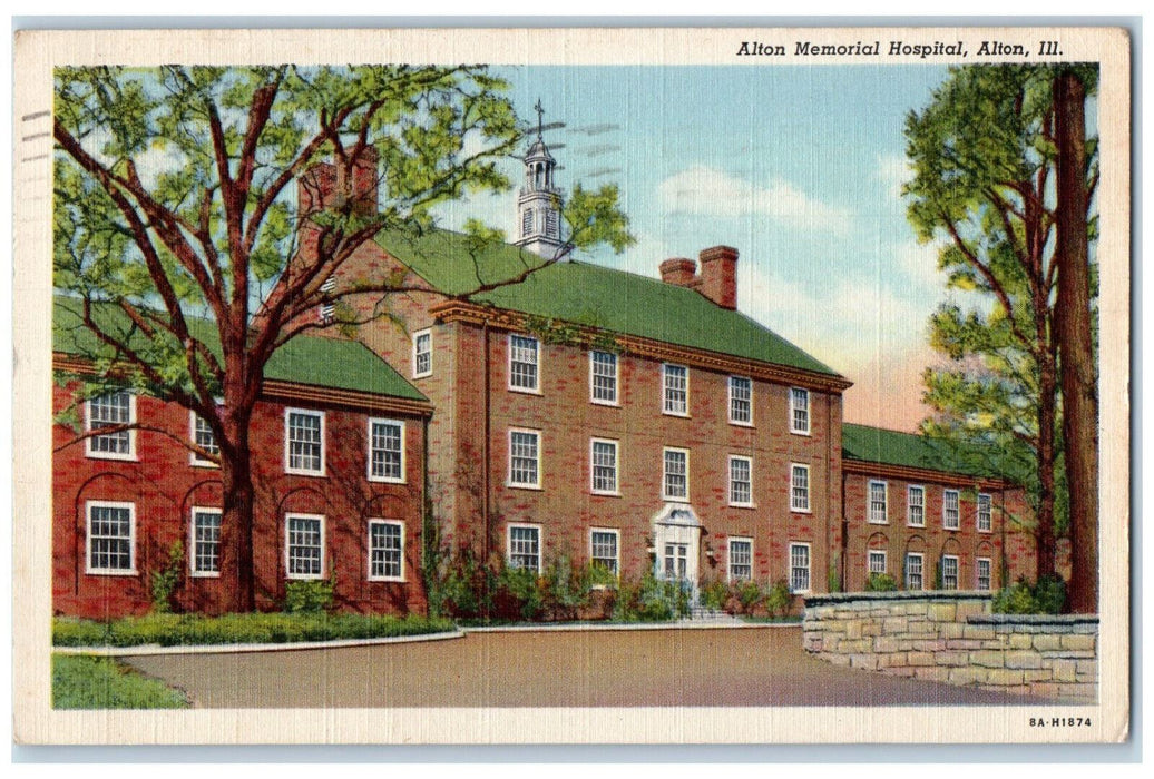 1944 Entrance to Alton Memorial Hospital, Alton Illinois IL Postcard