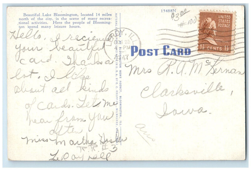 1947 Lake Bloomington, Bloomington Illinois IL Vintage Posted Postcard