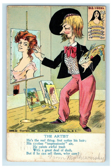 1906 The Artist Humor Studio Painting Beautiful Girl Comic Antique Postcard