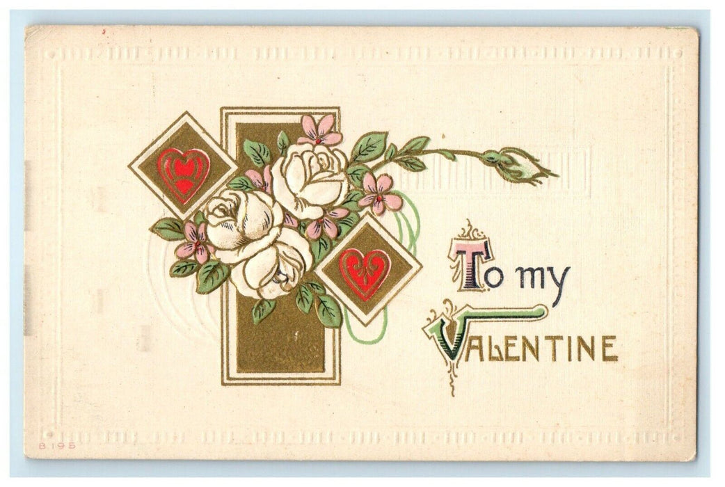 Valentine White Flowers Gold Hearts Embossed Unposted Postcard