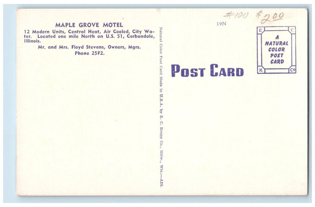 c1940s Maple Grove Motel, One Mile North on US 51, Carbondale IL Postcard