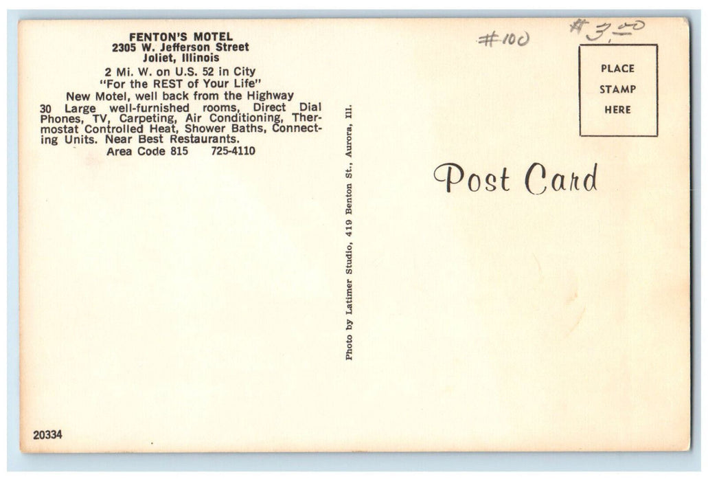 c1980's Fenton's Motel Jefferson Street Joliet Illinois IL Unposted Postcard