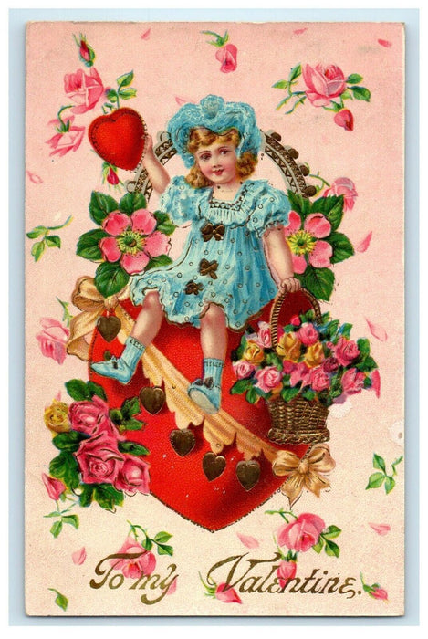 1911 Valentine Girl Gel Heart Gold Gilt Flowers Bouquet Germany Postcard