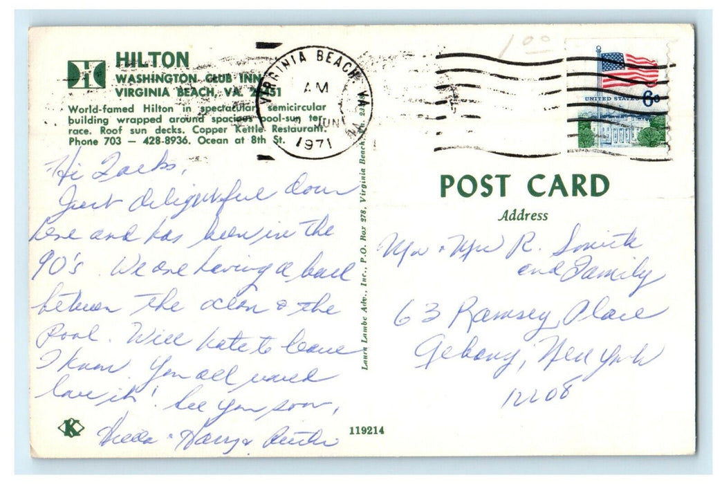 1971 Hilton Washington Club Inn, Virginia Beach, Virginia VA Posted Postcard