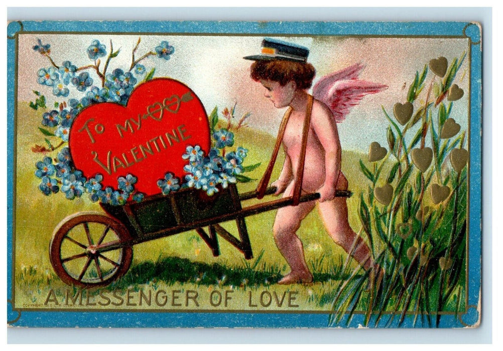 c1910's Valentine Angel Cupid Pushing Cart Big Heart Flowers Embossed Postcard
