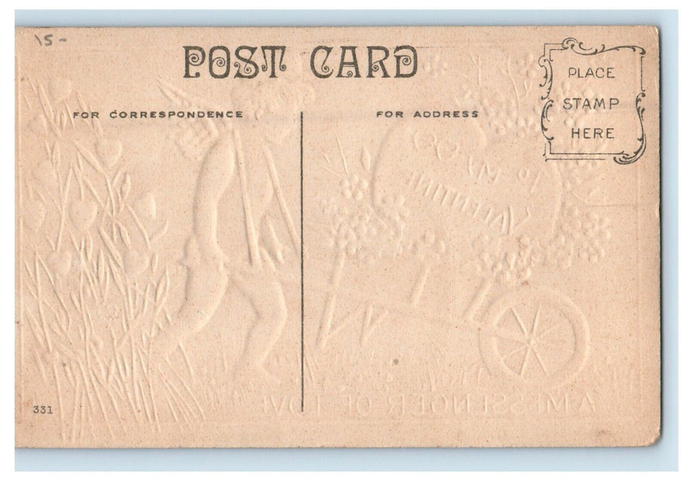 c1910's Valentine Angel Cupid Pushing Cart Big Heart Flowers Embossed Postcard
