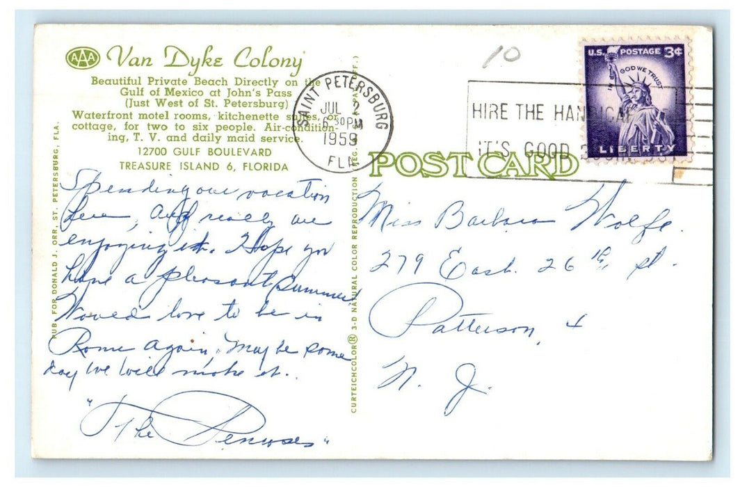 1959 Van Dyke Colony Private Beach View St. Petersburg Florida FL Postcard