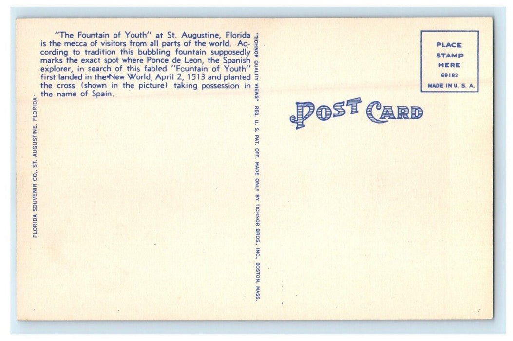 St. Augustine Florida FL, San Mateo Ave Entrance To Fountain Of Youth Postcard