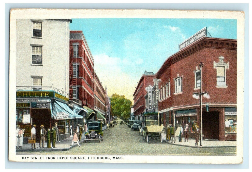 1927 Day Street from Depot Square Fitchburg Massachusetts MA Antique Postcard
