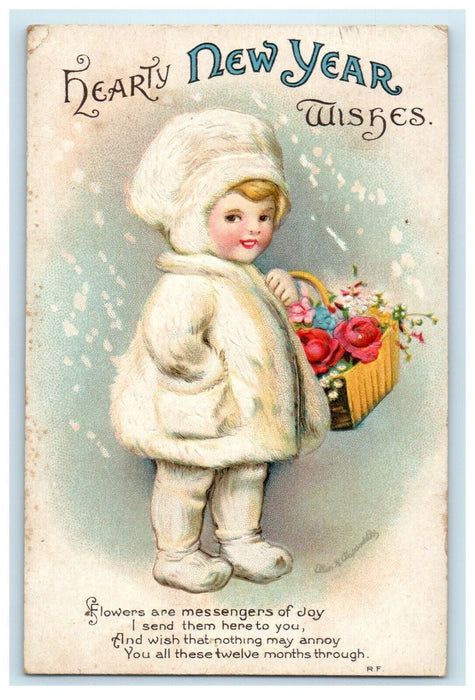 1916 New Year Cute Girl White Fur Suit Flowers Basket Ellen Clapsaddle Postcard